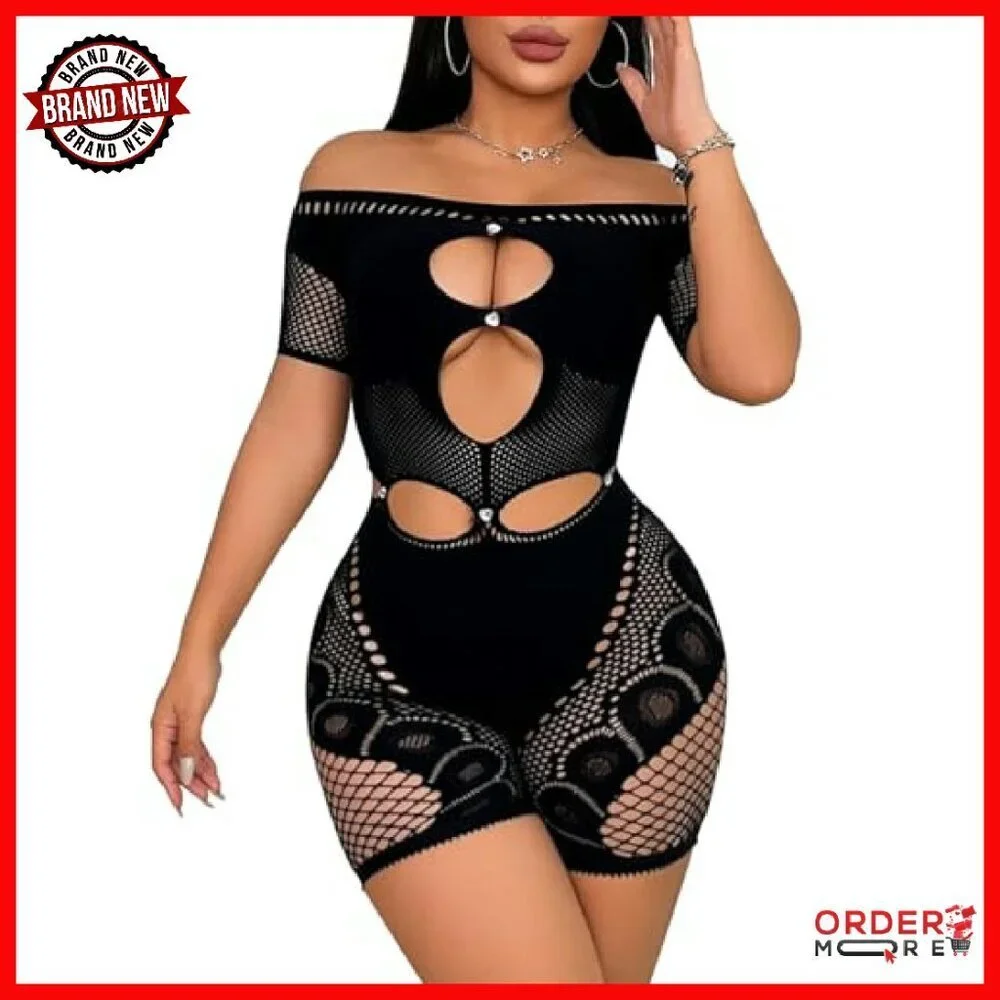 Mesh Lace Off-Shoulder Jumpsuit Rhinestone Hollow Club Party Romper